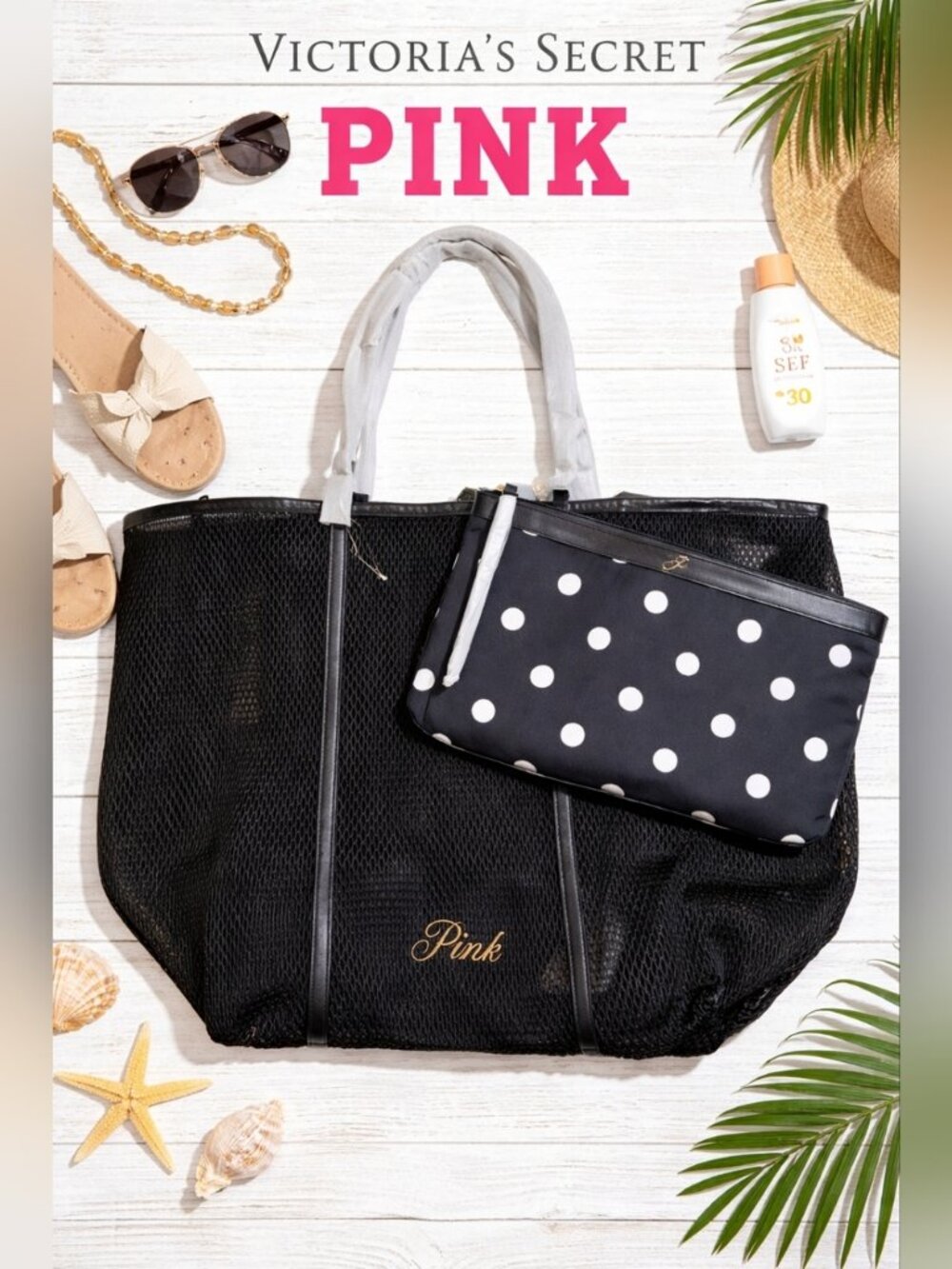 Victoria’s Secret PINK Mesh Tote Bag + Polka Dot Pouch Set NWT